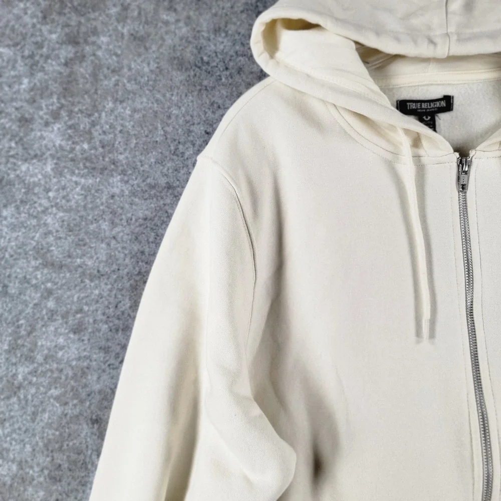NWT True Religion Zip-Up Hoodie Mens XL Winter White Fleece Classic Logo Graphic
